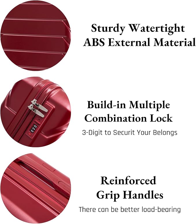2-Piece ABS Hard Shell Lightweight Carry-On Luggage Set (14" & 20"), 360-Degree Spinner Wheels, Adjustable Telescopic Handle and Combination Lock for Travel, Wine Red - Image 3
