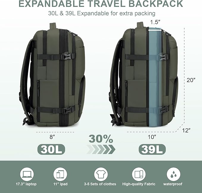 BAGOK Carry On Travel Backpack, 35L-40L Expandable Extra Large Airline Approved,Lightweight Daypack for Men and Women（Green） - Image 3