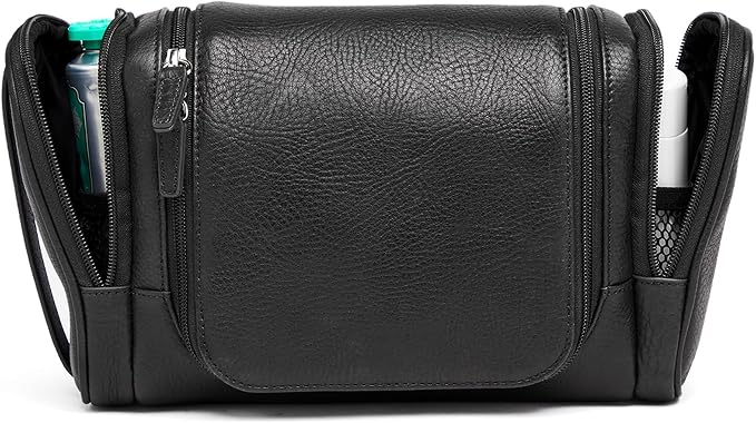 Leatherology Premium Ebony Small Hanging Toiletry Kit – Compact Leather Travel Organizer with Interior Zip Pockets, Mesh Pouches & Hanger | Full-Grain Leather Toiletry Bag for Men & Women - Image 2
