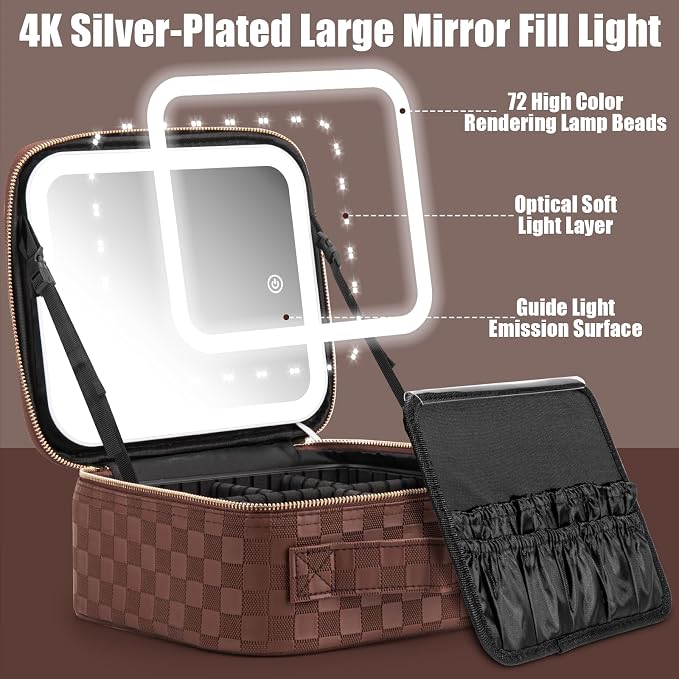 Extrei Gent Makeup Travel Train Case with Mirror LED Light 3 Adjustable Brightness Large Cosmetic Bag Portable Storage Adjustable Partition Waterproof Makeup Brushes Make up Jewelry Gift for Women - Image 3
