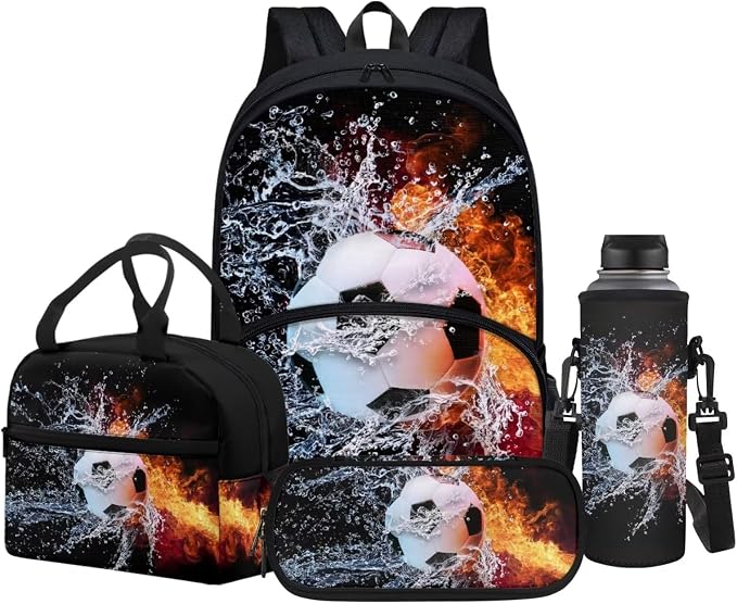 POLERO Boys Soccer School Backpack with Lunch Box Set Elementary Preschool Kindergarten Kids Pencil Case Water Bottle Holder Cover by WelcometoPOLERO