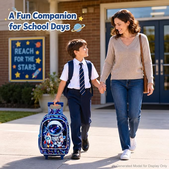 AGSDON 3PCS Rolling Backpack for Girls Boys, Kids Roller Wheels Bookbag, Wheeled School Bag with Lunch Bag - Image 6