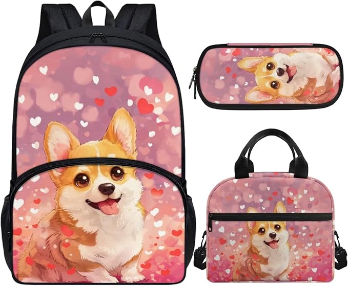 Corgi 3 Piece School Bag Set for Girls Cute Backpack for School Toddler Kindergarten Kids Bookbag with Lunch Box and Pencil Case for Boys Age 3-9, Pink by Vanideaoty