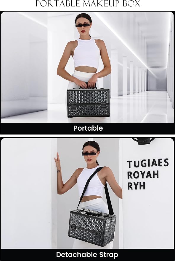 Joligrace Makeup Train Case Professional Cosmetic Organizer Aluminum Storage Box with 4 Adjustable Dividers Trays Lockable Portable with Shoulder Strap - Image 3
