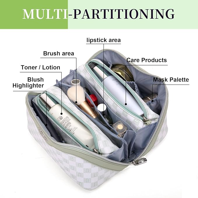 BOYATU Travel Makeup Bag Organizer Cosmetic Bag: 3 Pcs Set Make up Bags for Women with Handle - Waterproof Vegan Leather Toiletry Bags Travel Essentials Pouch with Compartments (H-06-Green) - Image 2