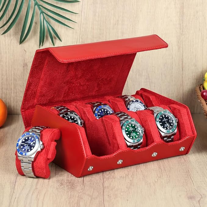 Hiram Saffiano Leather Hexagon Watch Roll Travel Case, Leather 6-Watches Roll Case with Removable Pillow Cushion for Treasured Watches and Bracelets - Red by Hiram