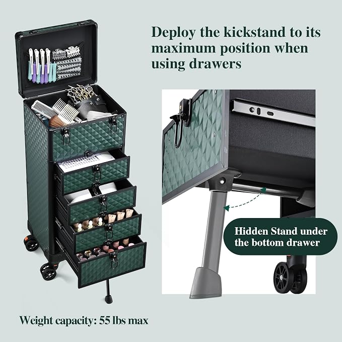 Yueieoun Nail Salon Cart with 4 Drawers,Rolling Makeup Train Case for Beauty,Cosmetology Case on Wheels Trolley Cart,Lockable Organizer Travel Case for Manicure/Face Painting/Hairstylist,DARK GREEN - Image 5
