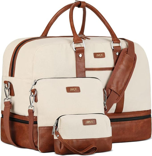 Weekender Bag for Women, Large Overnight Bag Canvas Travel Duffel Bag Carry On Tote with Shoe Compartment 21" 3Pcs Set by IBFUN