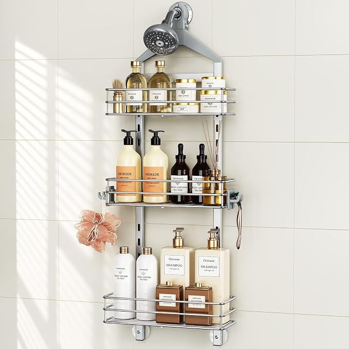 Orimade Aluminum Hanging Shower Caddy Over Head, Adjustable Anti-Slip Bathroom Shelves with Hooks, Rustproof Shower Organizer Storage Rack, Silver 3 Tier by Orimade