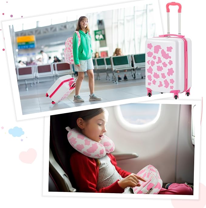 Redbaker 6 Pcs Kids Luggage Set, 17 Inch Rolling Suitcase with Backpack Lunch Bag Neck Pillow, Pink and White Cow Travel Set for Summer Vacation Sleepover Back to School Gift - Image 6