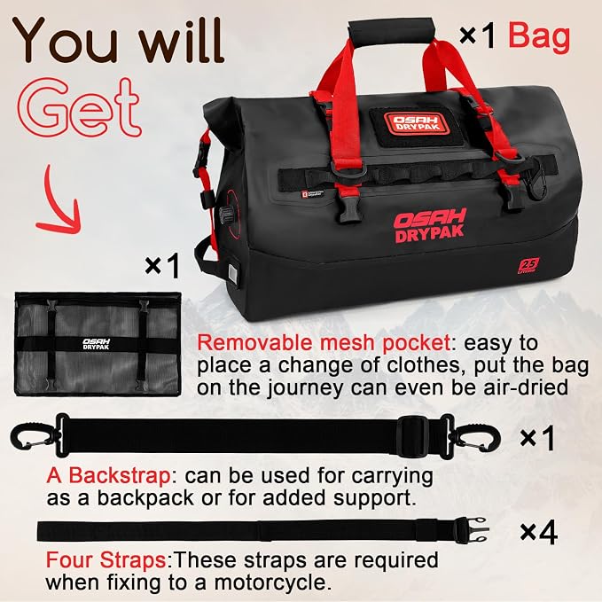 OSAH DRYPAK Waterproof Duffel Bag 25L/40L/60L – Heavy-Duty Motorcycle Tail Bag, Roll-Top Dry Bag for Travel, Camping, Boating, Kayaking, Outdoor Adventure - Image 8