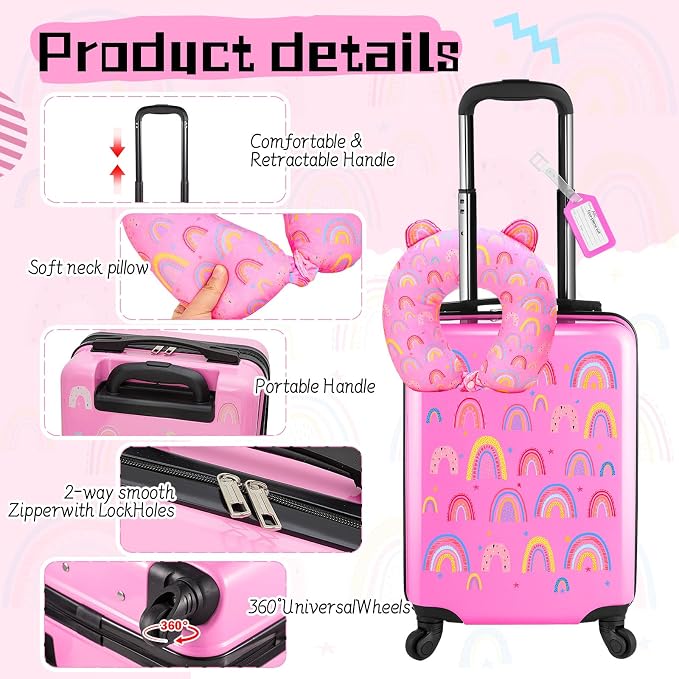 Sanwuta 4 Pcs Kids Luggage Set Back to School Gifts for Girls Boys Carry On Rolling Suitcase Backpack Neck Pillow Travel Set(17 Inch,Rainbow Style,Pink) - Image 5