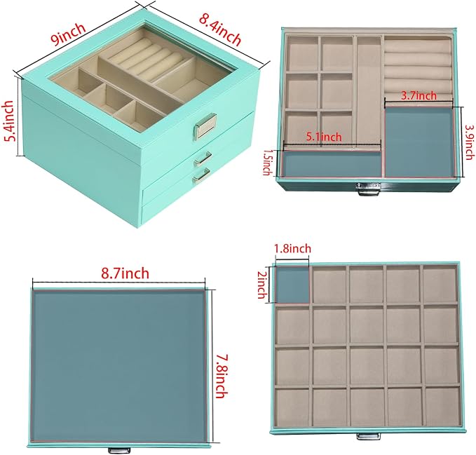 BOOVO Clear Lid Jewelry Box,3 Layers Jewelry Organizer Large Jewelry Storage Box with 2 Drawers,Jewelry Holder Organzier of Rings Earrings Necklace Bracelets for Women (Turquoise, 3 Layer) - Image 5