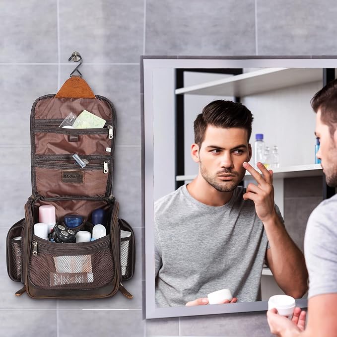 Masa Kawa Leather Hanging Travel Toiletry Bag for Men Portable Expandable Camping Cosmetics Makeup Toiletries Organizer Vintage Bathroom Shaving Kit Brown Wash Bags - Image 2