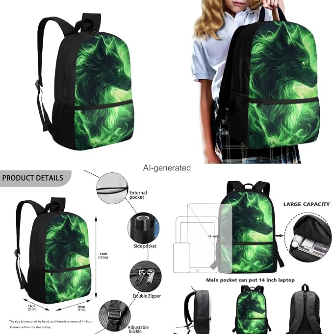Galaxy Wolf Backpack for Boys Kids Backpack with Lunch Box Water Bottle Pouch and Big Pencil Pouch 4PCS Set Bookbag with Front Pocket 17" Lightweight School Bag for Kids Back to School Gifts - Image 3