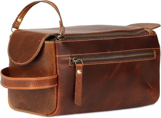 KomalC Premium Buffalo Leather Toiletry Bag for Men & Women With Water resistant Lining, Grooming Travel Pouch, Unisex Wash Bag for Toiletries, Gifts for Men and Women by KomalC