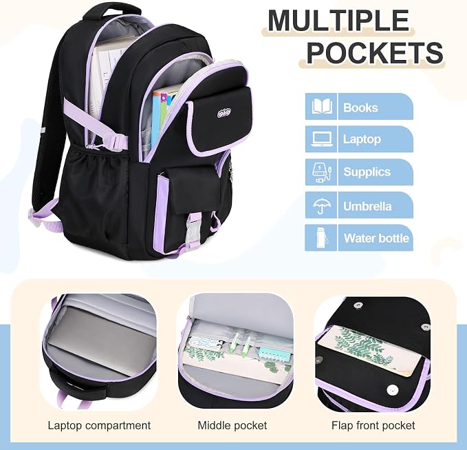 DIGOBAY Backpacks for Girls, 3PCS School Backpack with Lunch Box Pencil Pouch for Teen Girls Children Elementary Primary Middle High College Daypack School bag Bookbag Set（Black-Purple） - Image 3