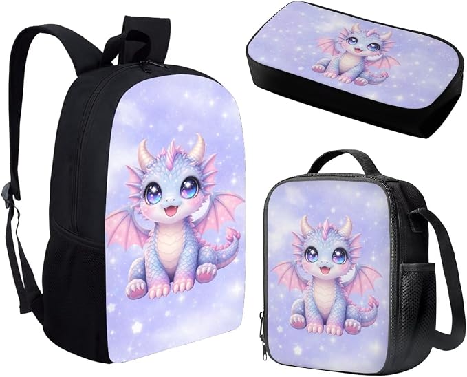 Forchrinse Cartoon Dragon Backpack for Girls 6-8 10-12 Cute Bookbag Set with Lunch Box Pencil Case Kids 17 Inch School Bag for Elementary Kindergarten Preschool - Image 2