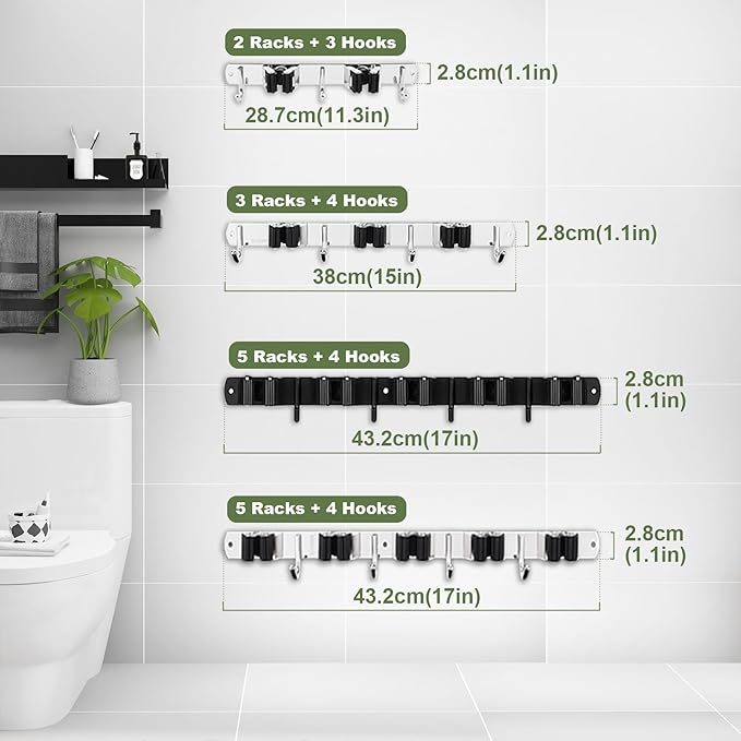 3 Racks and 4 Hooks Broom and Mop Holder Wall Mounted Garage Organizer Storage Tool Racks Stainless Steel Heavy Duty Hooks Self Adhesive Solid Non-slip Wall Hangers for Home Kitchen Garden Laundry - Image 8
