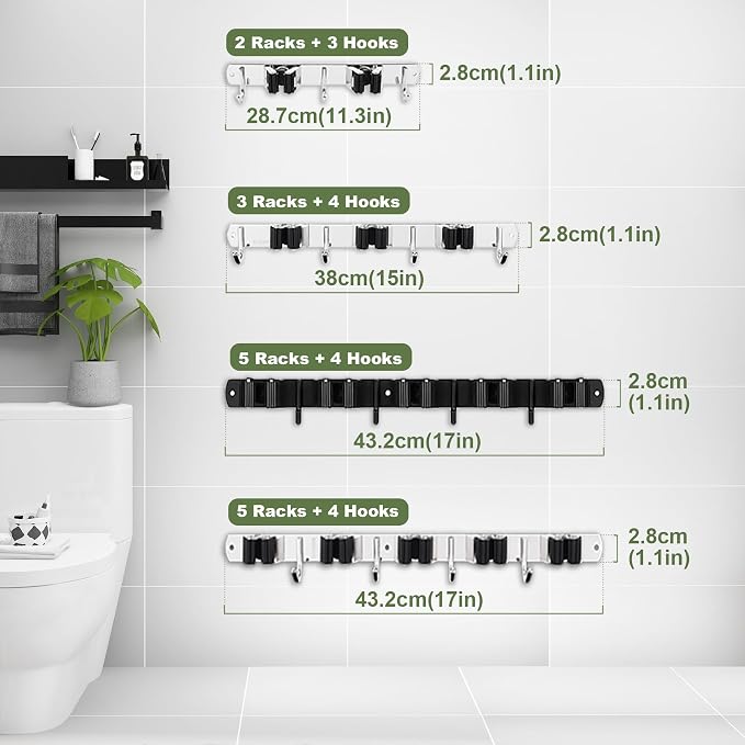 2 Racks and 3 Hooks Broom and Mop Holder Wall Mounted Garage Organizer Storage Tool Racks Stainless Steel Heavy Duty Hooks Self Adhesive Solid Non-slip Wall Hangers for Home Kitchen Garden Laundry - Image 7