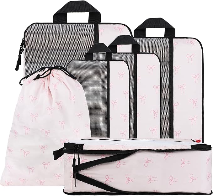 U+U 6 Set Compression Packing Cubes - Ultralight Travel Organizers with Laundry Bag, Space-Saving Suitcase Organizer, Expandable Packing Cubes for Travel, Business Trip and Family Vacation (Pink Bow) by UU