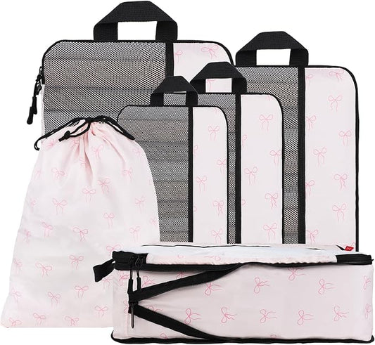 U+U 6 Set Compression Packing Cubes - Ultralight Travel Organizers with Laundry Bag, Space-Saving Suitcase Organizer, Expandable Packing Cubes for Travel, Business Trip and Family Vacation (Pink Bow) by UU
