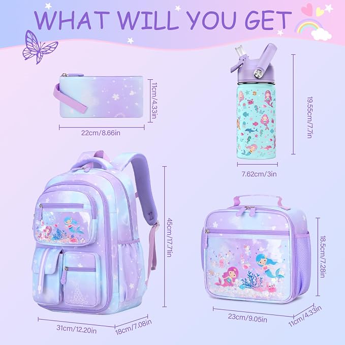 ACESAK Kids School Backpack for Girls, Mermaids Bookbag Backpack with 14OZ Water Bottle, Lunch Bag Set for GirlsTeens Middle Student, Girls Backpacks for School (Purple) - Image 2