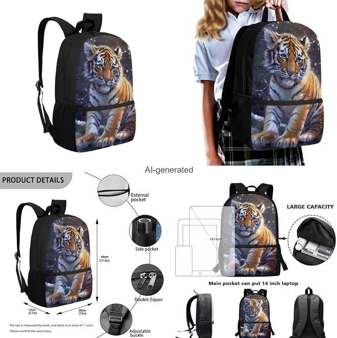 Tiger Backpack for Kids Girls Backpack with Lunch Box Water Bottle Holder and Soft Pencil Pouch 4PCS Set Bookbag with Front Pocket 17 inch Large School Bag for Boys Back to School Supplies Set - Image 3