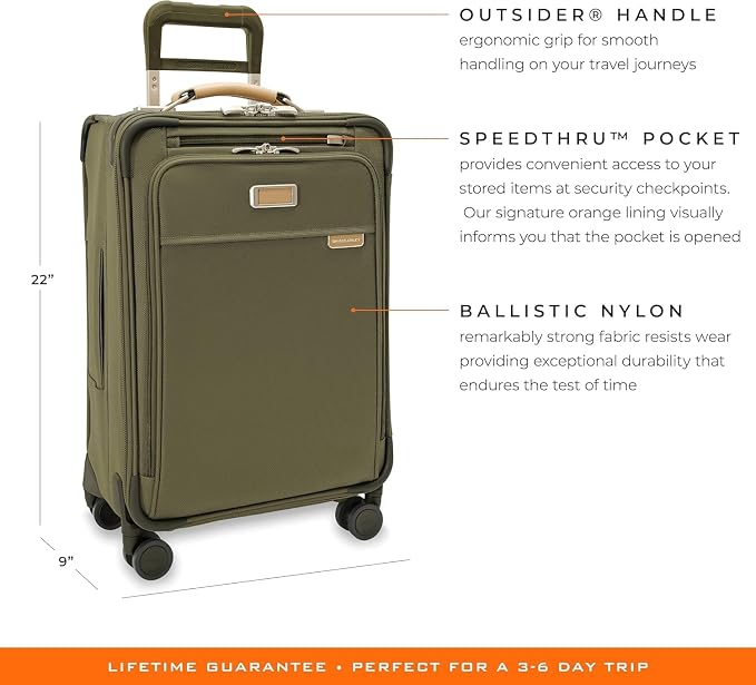 Briggs & Riley Essential 22" Carry On Expandable Spinner - Luggage for Travel, Suitcases with Wheels, Softside Rolling Bag for Men & Women, Self-Repairing Zipper - Baseline Collection, Olive - Image 7