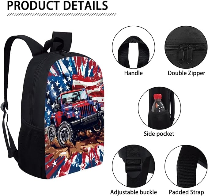 Kids Backpack Set for Girls and Boys with Insulated Lunch Box Pencil Pouch Case, Knapsack Set Suitable for School Lightweight Schoolbag Set, Tractor American Flag Tie-Dye - Image 3