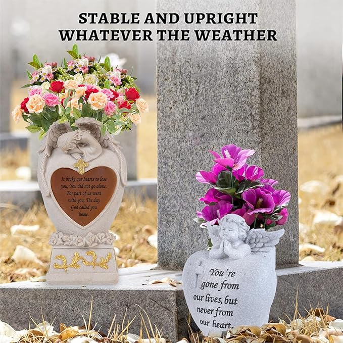 Cemetery Decorations for Grave, Garden Angel, Solar Lights, Family Memorial Statue, Funeral Gift, LED Vase, Crying Angel (Beige)