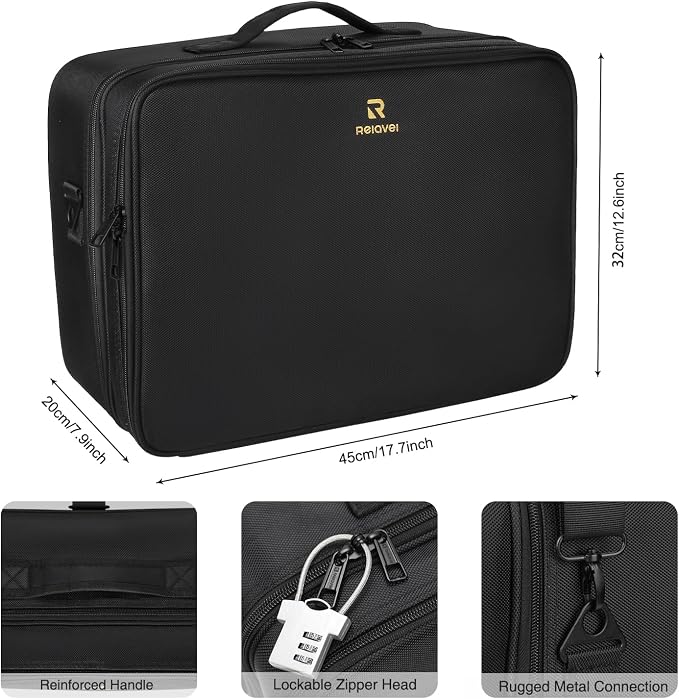 Relavel Extra Large Makeup Case, Professional Makeup Artist Bag Double Layer Compartment Cosmetic Travel Organizer Bag Makeup Brush Storage Holder with Adjustable Dividers and Shoulder Strap, Black - Image 2
