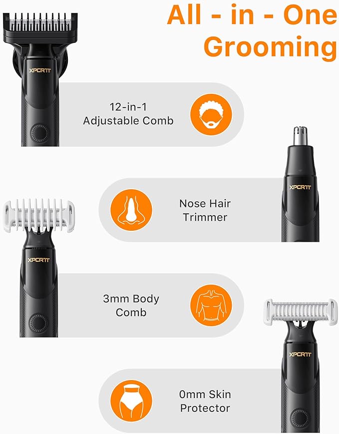 [2025 Upgraded] Beard & Nose Hair Trimmer Kit, [All-in-One] 12 in 1 Rotating Comb, Travel Body Hair Electric Shaver for Men, USB-C Fast Charging, Painless Razor Waterproof Wet/Dry, Black(Pack)