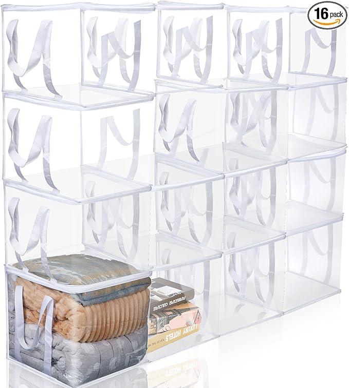 16 Pcs Clear Zippered Organizers 12''x12''x12'' Moving Bags with Reinforced Handles Heavy Duty Storage Cube Tote Storage Blanket Bags Bins for Clothes Moving Supplies Linens Shoes Closet Organizer by Windyun