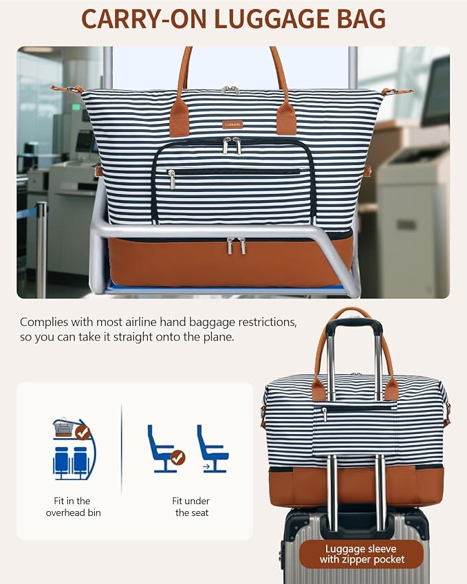 Weekender Bags for Women Travel, Under Seat Carry On Bags for Airplanes Overnight Bag with Shoe Compartment Luggage Sleeve, Foldie Travel Tote Bag Hospital Bag, Travel Gifts, Blue Strip - Image 7