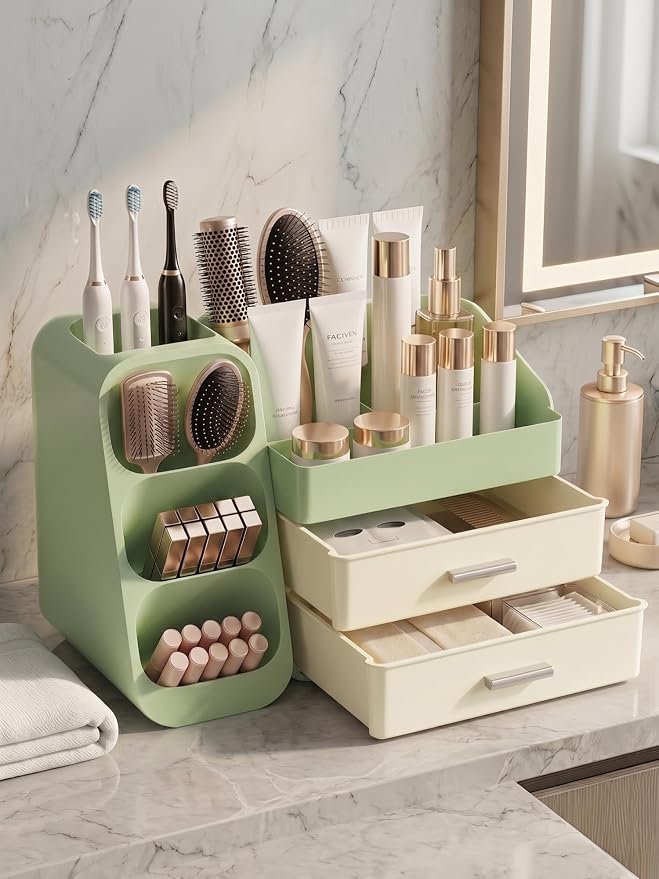 Booklov Makeup Organizer for Vanity and Bathroom Countertop, Green Cream | Plastic Cosmetic Display Case with Drawers, Beauty Brush Holder for Dresser Counter Skin Care Eyeshadow Lipstick Storage - Image 4