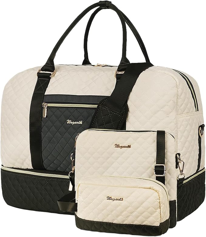 Wogarl 3PCS Weekender Bags for Women Large Overnight Bag Weekend Travel Duffel Bag Carry on Shoulder with Shoe Compartment Canvas Toiletry Bag for Travel Business Gym,Black Beige Green by Wogarl