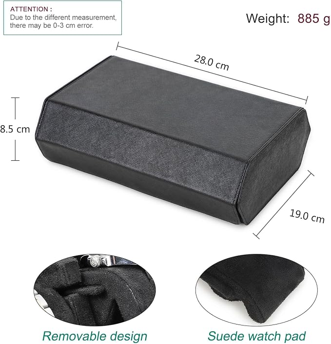 Hiram Genuine Leather Hexagon Watch Roll Travel Case, Leather 8-Watches Roll Case with Removable Pillow Cushion for Treasured Watches and Bracelets-Black - Image 3