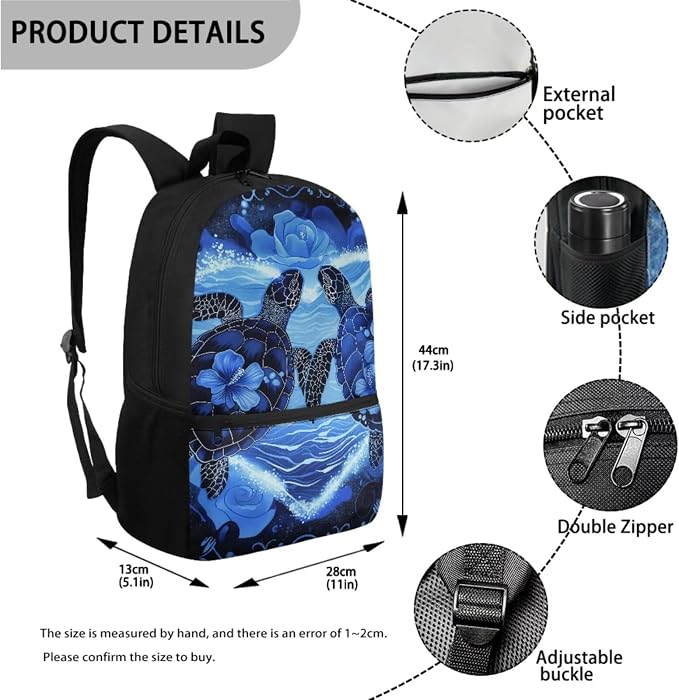 Rose Hibiscus Flower Turtle Print Backpack Set for Student Schoolbag Large Capacity Bookbag Lunch Box Pencil Case 17 Inch Travel Laptop Backpacks Rucksack Casual Daypack - Image 2
