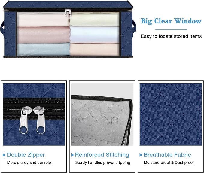 HomeHacks Storage 3-Pack Clothes Organizer Storage Bags Foldable Storage Box with Large Clear Window Sturdy Handles for Closet, Dorm, Pillows, Bedding, Clothes, Blankets, 35L, Blue - Image 4