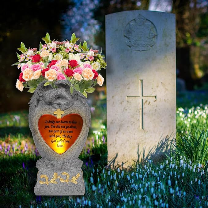 Cemetery Decorations for Grave,Cemetery vases for Grave,Decoration for Graves, Garden Angel,Cemetery vase with led,Family Garden Memorial Statue Funeral Gift, Angels Solar Lights,Crying Angel (Gray)