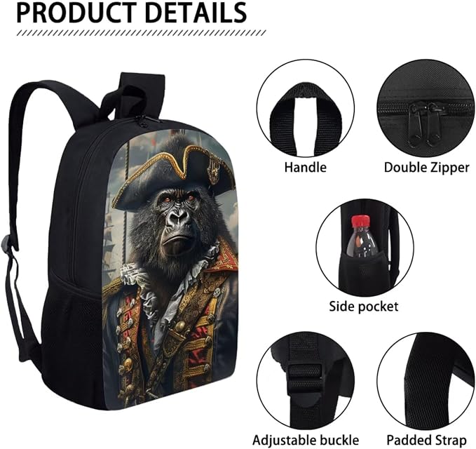 17 Inch Animal Print School Backpack And Lunch Box Set for Kids Lightweight Funny Gorilla Backpack for Boys Girls Sturdy School Bag with Insulated Lunchbox Pencil Case Student Bookbag - Image 4