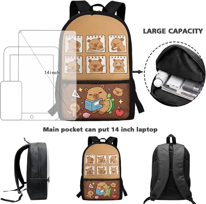 Cappybara Backpack 5 Pcs Kids Backpack with Lunch Box Water Bottle Pouch and Kawaii Pencil Case Bookmark 5Pcs Set for Travel Preschool Back to School Supplies - Image 4