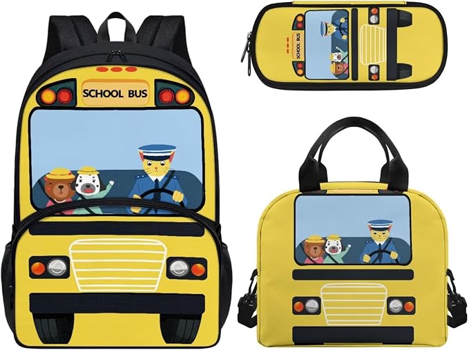 Cartoon School Bus Backpack for Girls Boys School Bookbags with Lunch Tote Bag Insulated Lunchbox Pencil Case Lightweight Elementary Primary Schoolbag Casual Rucksack 3 In 1 Set by Wideasale