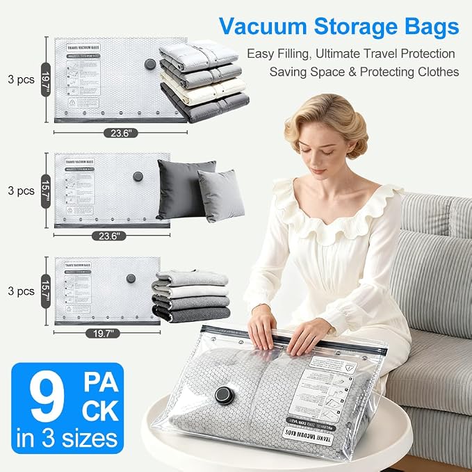 Vacuum Seal Bags 12-Pack with Wireless Pump, 4 Large/4 Medium/4 Sizes, Reusable Storage for Clothes Travel, Luggage & Suitcases, Portable Space Saver - Image 2