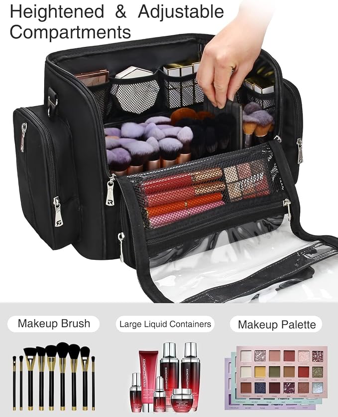 NAONAYA Makeup Brush Bag Extra Large Makeup Brush Case with 4 small bags Professional Makeup Artist Brush Holder Stand Up Organizer for Travel with Adjustable Dividers and Shoulder Strap - Image 4