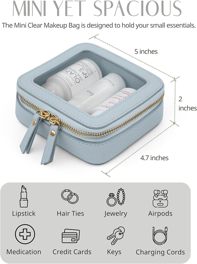 Popvibe Clear Makeup Bag Travel Cosmetic Case Transparent Toiletry Bag with Zipper, Portable Make Up Organizer Traveling Compact Car Bag for Essentials, Light Blue, Mini - Image 5