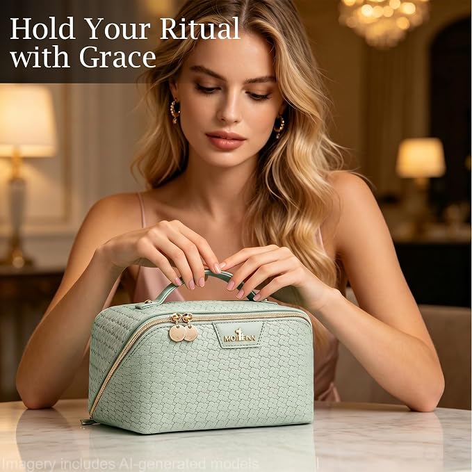 Travel Makeup Bag for Women: Designer 3 Pcs Set Cosmetic Bags for Women - Large Capacity Vagen Leather Hand-made for Toiletry Organizer - Ladies Travel Flat Open Essentials for Luxury (08Green) - Image 3