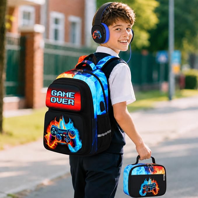 Bevalsa Backpack for Boys, School Bags for Kids with 3.5mm Jack Wired Headphones, Lunch Box & Pencil Case, Gamer Backpack for Kids Children Teens for Elementary Middle School Student (Flame) - Image 8
