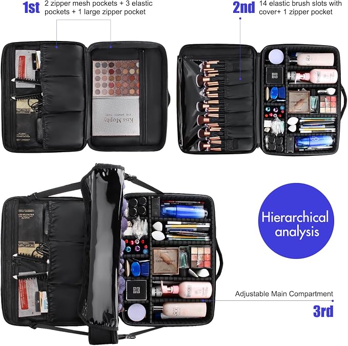 Relavel Extra Large Makeup Case, Professional Makeup Artist Bag Double Layer Compartment Cosmetic Travel Organizer Bag Makeup Brush Storage Holder with Adjustable Dividers and Shoulder Strap, Black - Image 4